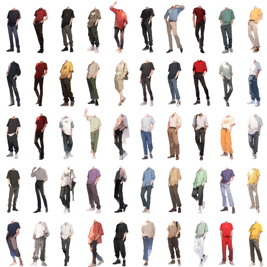 【透過素材】夏服/男性50枚(立ち絵作成用・Tシャツ、ワイシャツ、デニムパンツ、七分袖、スニーカー、革靴)
