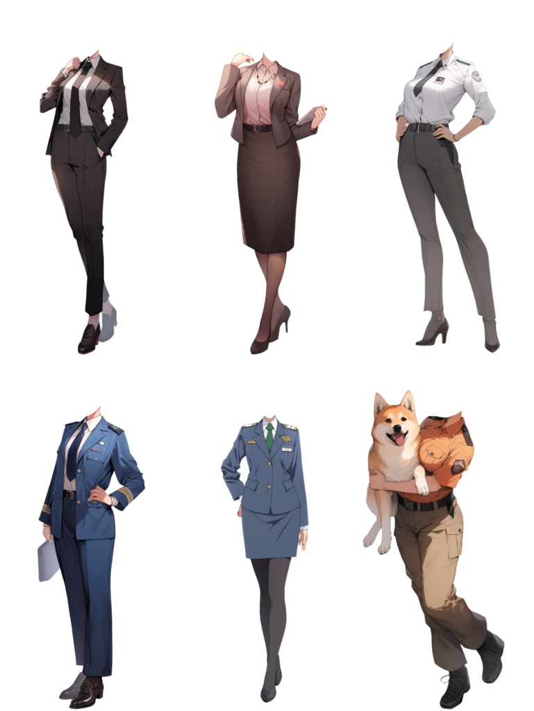 【透過素材】制服/女性50枚(立ち絵作成用・学生、医者、看護師、CA、消防士、警備員、秘書、OL、花屋、パン屋、エンジニア、メイド、巫女)
