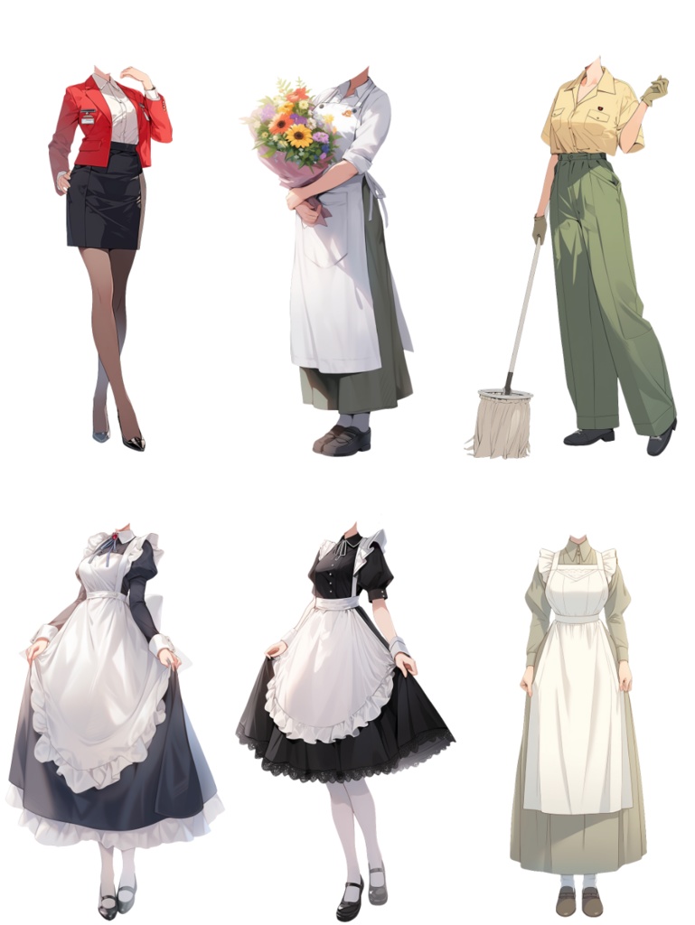 【透過素材】制服/女性50枚(立ち絵作成用・学生、医者、看護師、CA、消防士、警備員、秘書、OL、花屋、パン屋、エンジニア、メイド、巫女)