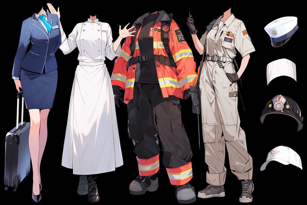 【透過素材】制服/女性50枚(立ち絵作成用・学生、医者、看護師、CA、消防士、警備員、秘書、OL、花屋、パン屋、エンジニア、メイド、巫女)