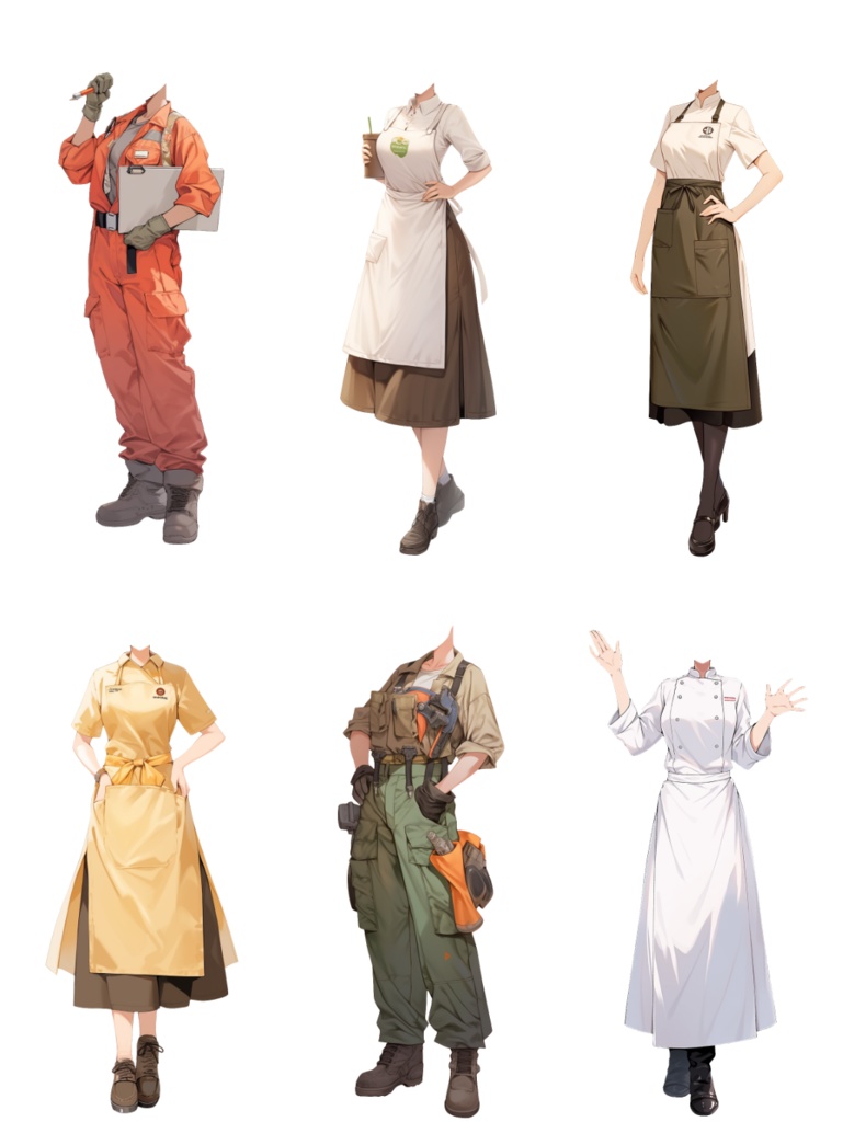 【透過素材】制服/女性50枚(立ち絵作成用・学生、医者、看護師、CA、消防士、警備員、秘書、OL、花屋、パン屋、エンジニア、メイド、巫女)