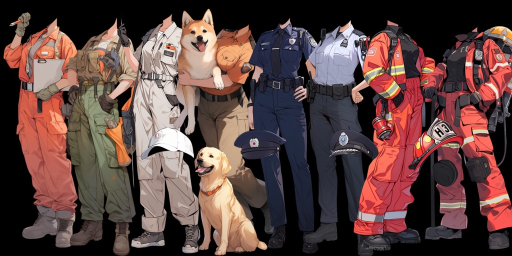 【透過素材】制服/女性50枚(立ち絵作成用・学生、医者、看護師、CA、消防士、警備員、秘書、OL、花屋、パン屋、エンジニア、メイド、巫女)