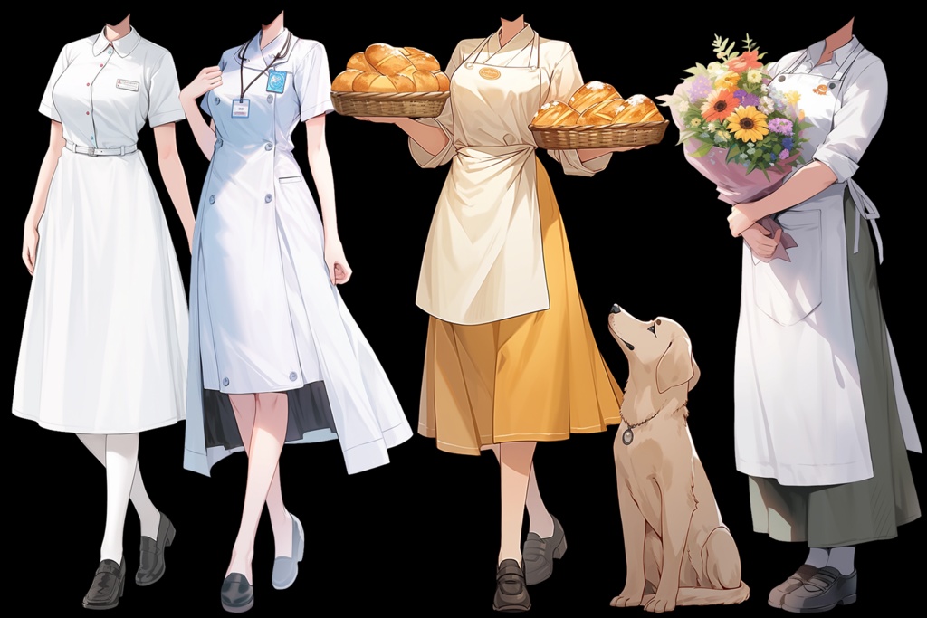 【透過素材】制服/女性50枚(立ち絵作成用・学生、医者、看護師、CA、消防士、警備員、秘書、OL、花屋、パン屋、エンジニア、メイド、巫女)