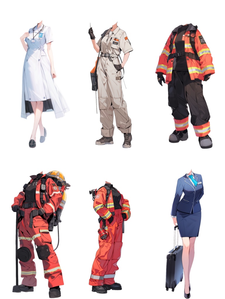 【透過素材】制服/女性50枚(立ち絵作成用・学生、医者、看護師、CA、消防士、警備員、秘書、OL、花屋、パン屋、エンジニア、メイド、巫女)