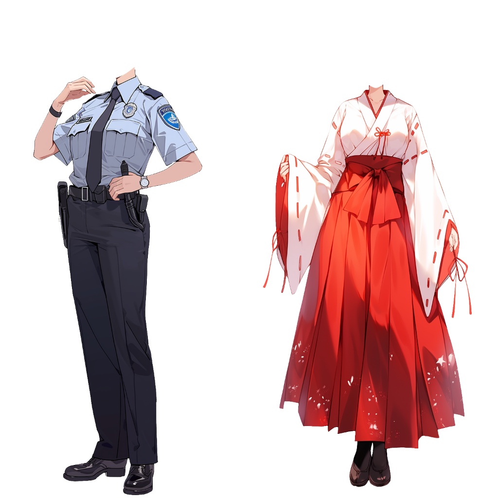 【透過素材】制服/女性50枚(立ち絵作成用・学生、医者、看護師、CA、消防士、警備員、秘書、OL、花屋、パン屋、エンジニア、メイド、巫女)