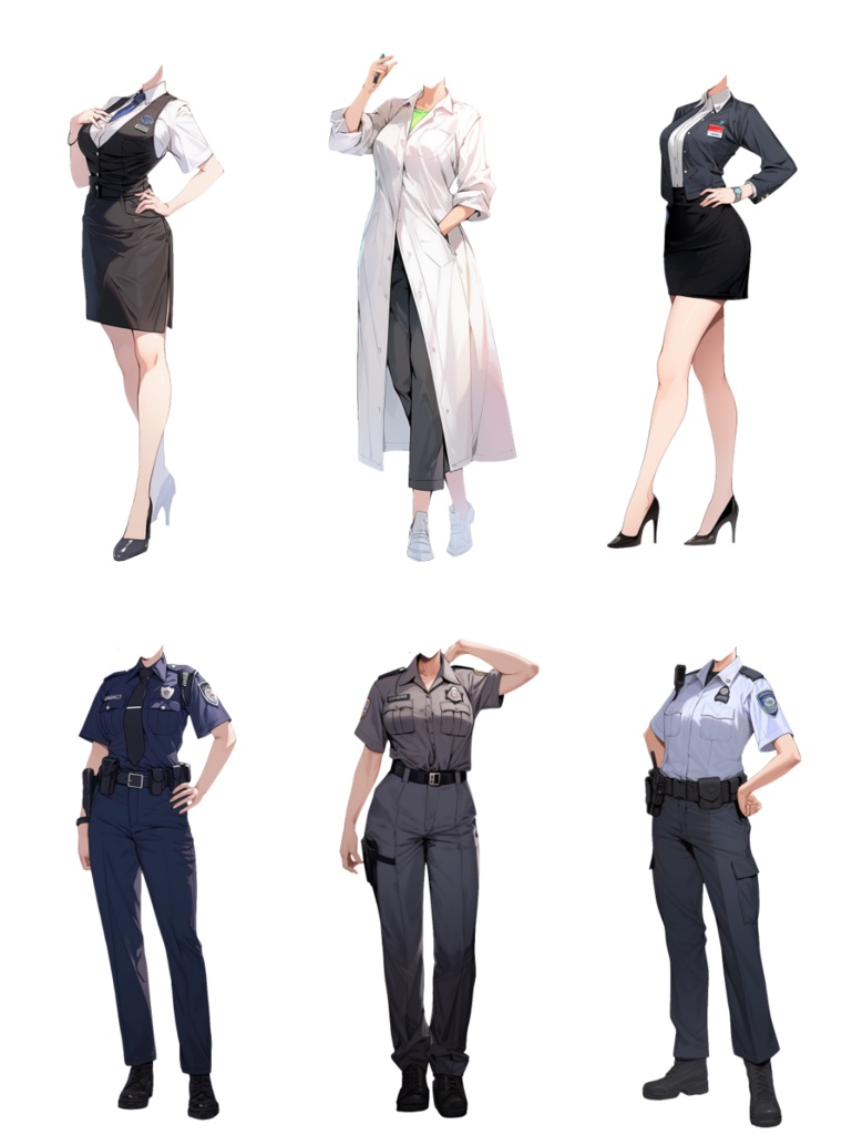 【透過素材】制服/女性50枚(立ち絵作成用・学生、医者、看護師、CA、消防士、警備員、秘書、OL、花屋、パン屋、エンジニア、メイド、巫女)