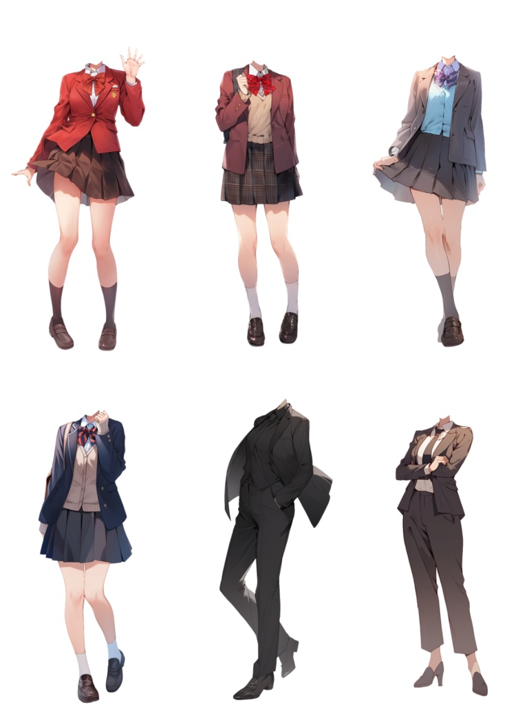 【透過素材】制服/女性50枚(立ち絵作成用・学生、医者、看護師、CA、消防士、警備員、秘書、OL、花屋、パン屋、エンジニア、メイド、巫女)