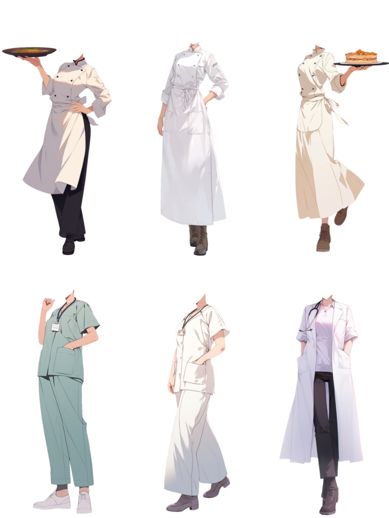 【透過素材】制服/女性50枚(立ち絵作成用・学生、医者、看護師、CA、消防士、警備員、秘書、OL、花屋、パン屋、エンジニア、メイド、巫女)