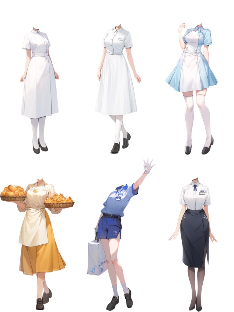 【透過素材】制服/女性50枚(立ち絵作成用・学生、医者、看護師、CA、消防士、警備員、秘書、OL、花屋、パン屋、エンジニア、メイド、巫女)