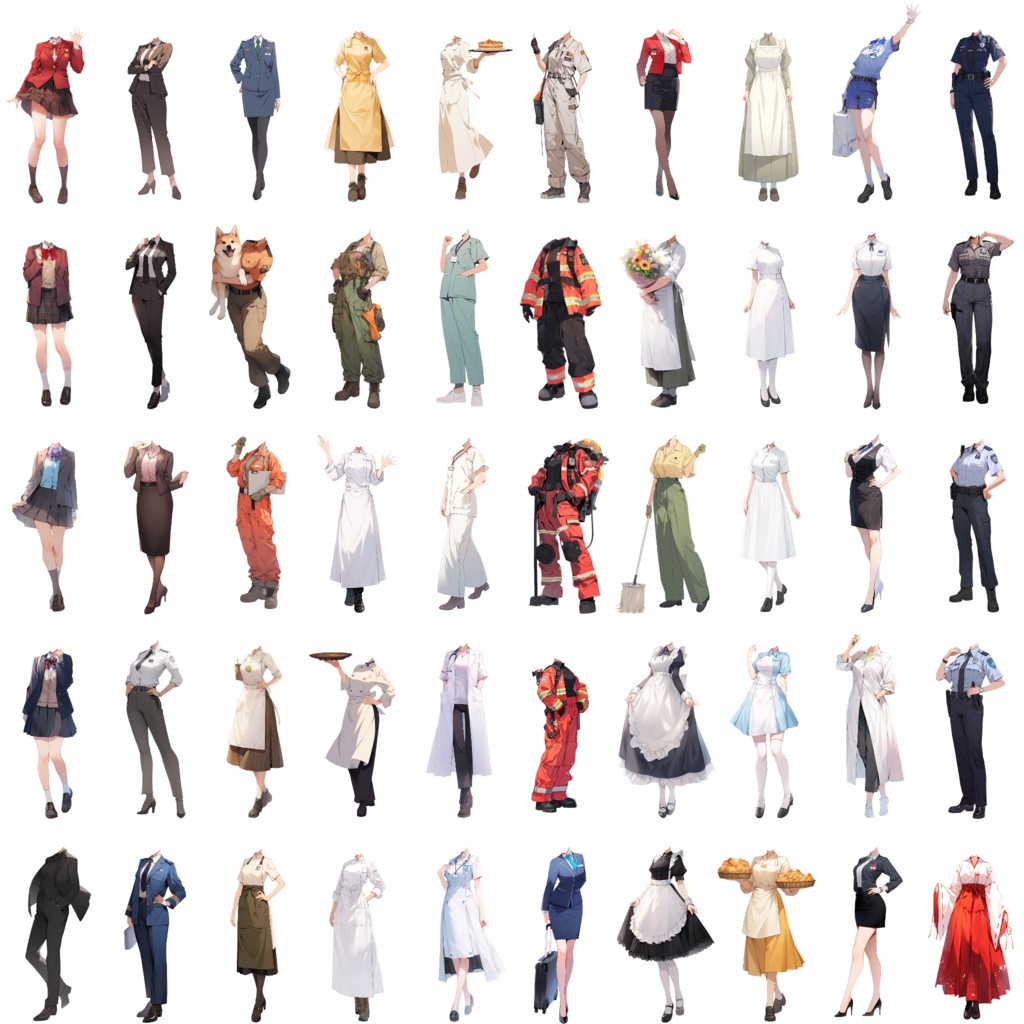 【透過素材】制服/女性50枚(立ち絵作成用・学生、医者、看護師、CA、消防士、警備員、秘書、OL、花屋、パン屋、エンジニア、メイド、巫女)