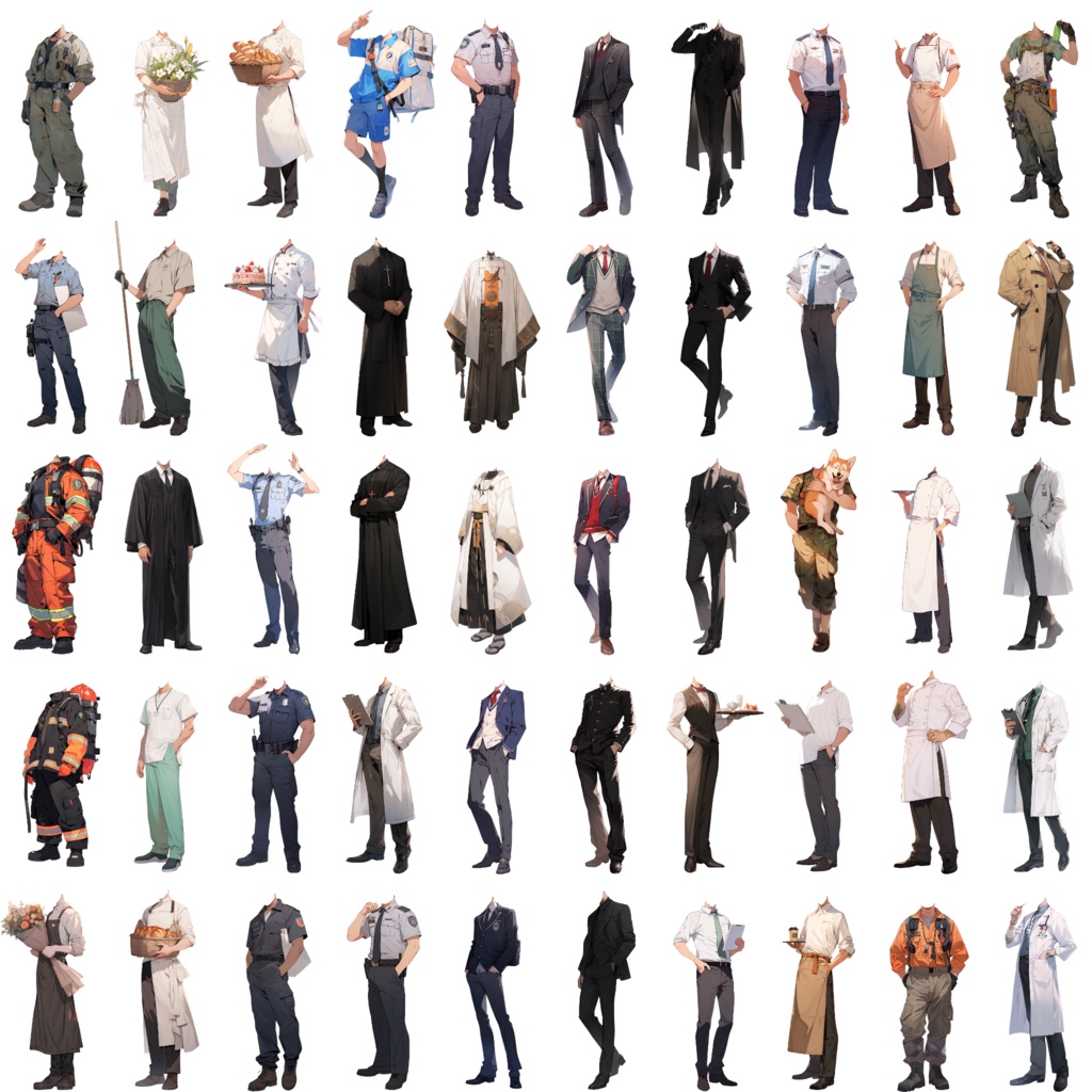 【透過素材】制服/男性50枚(立ち絵作成用・学生、医者、店員、シェフ、警察、消防士、パン屋、花屋、配達員、パイロット、 祭司、スーツ)