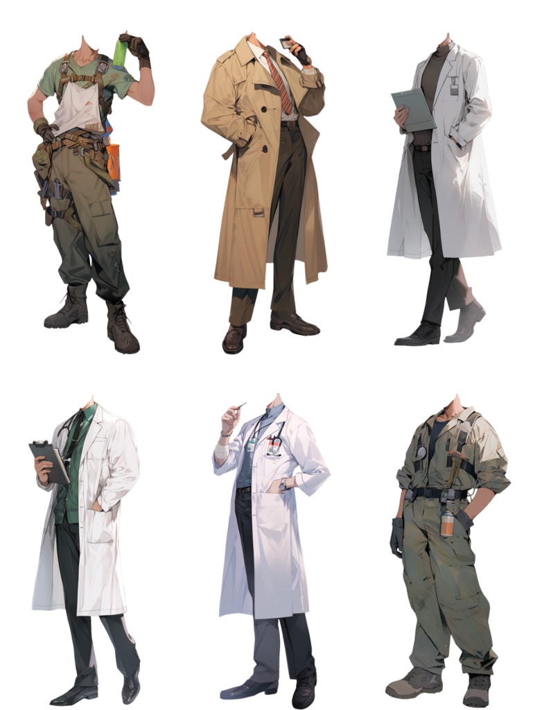 【透過素材】制服/男性50枚(立ち絵作成用・学生、医者、店員、シェフ、警察、消防士、パン屋、花屋、配達員、パイロット、 祭司、スーツ)
