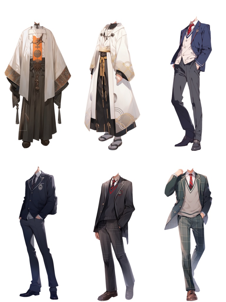 【透過素材】制服/男性50枚(立ち絵作成用・学生、医者、店員、シェフ、警察、消防士、パン屋、花屋、配達員、パイロット、 祭司、スーツ)