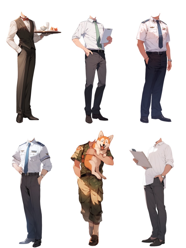 【透過素材】制服/男性50枚(立ち絵作成用・学生、医者、店員、シェフ、警察、消防士、パン屋、花屋、配達員、パイロット、 祭司、スーツ)