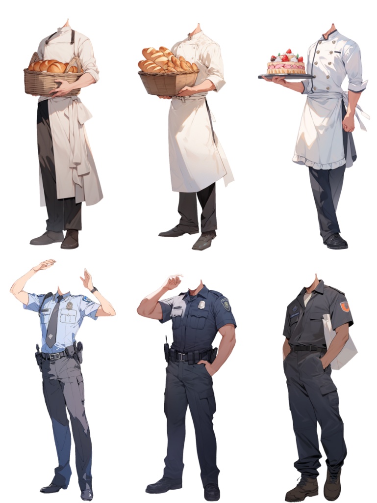 【透過素材】制服/男性50枚(立ち絵作成用・学生、医者、店員、シェフ、警察、消防士、パン屋、花屋、配達員、パイロット、 祭司、スーツ)