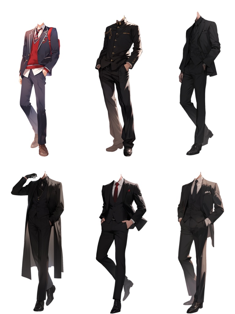 【透過素材】制服/男性50枚(立ち絵作成用・学生、医者、店員、シェフ、警察、消防士、パン屋、花屋、配達員、パイロット、 祭司、スーツ)