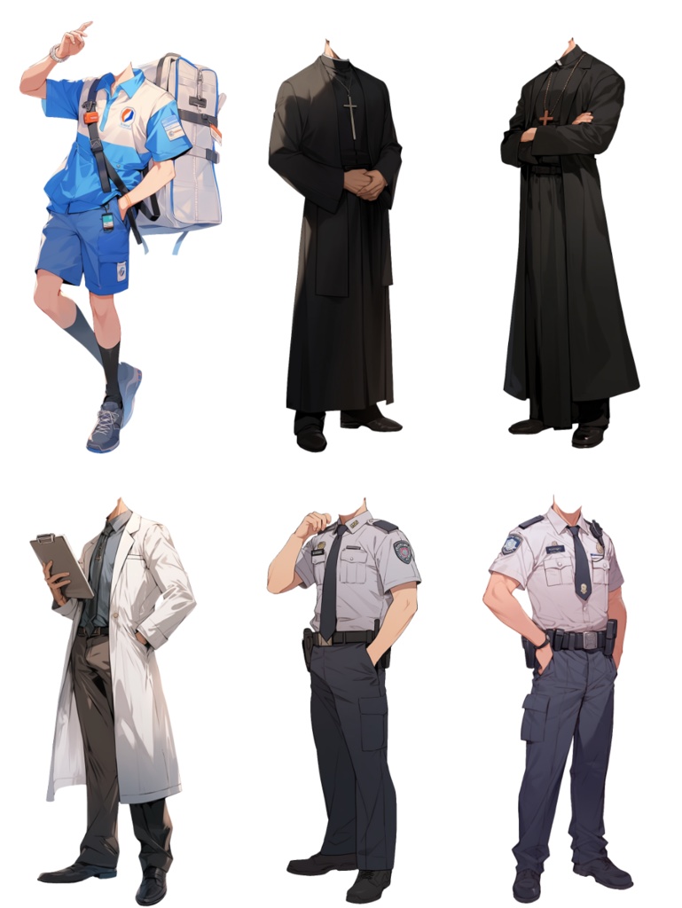 【透過素材】制服/男性50枚(立ち絵作成用・学生、医者、店員、シェフ、警察、消防士、パン屋、花屋、配達員、パイロット、 祭司、スーツ)