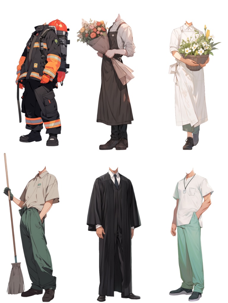 【透過素材】制服/男性50枚(立ち絵作成用・学生、医者、店員、シェフ、警察、消防士、パン屋、花屋、配達員、パイロット、 祭司、スーツ)