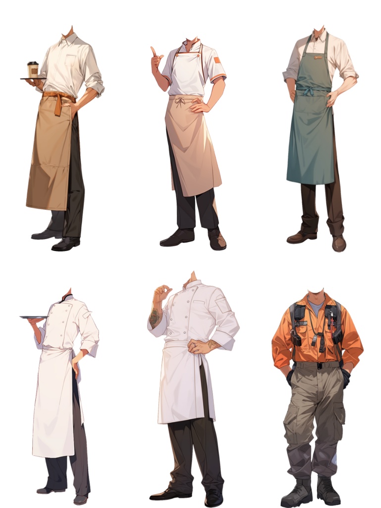 【透過素材】制服/男性50枚(立ち絵作成用・学生、医者、店員、シェフ、警察、消防士、パン屋、花屋、配達員、パイロット、 祭司、スーツ)