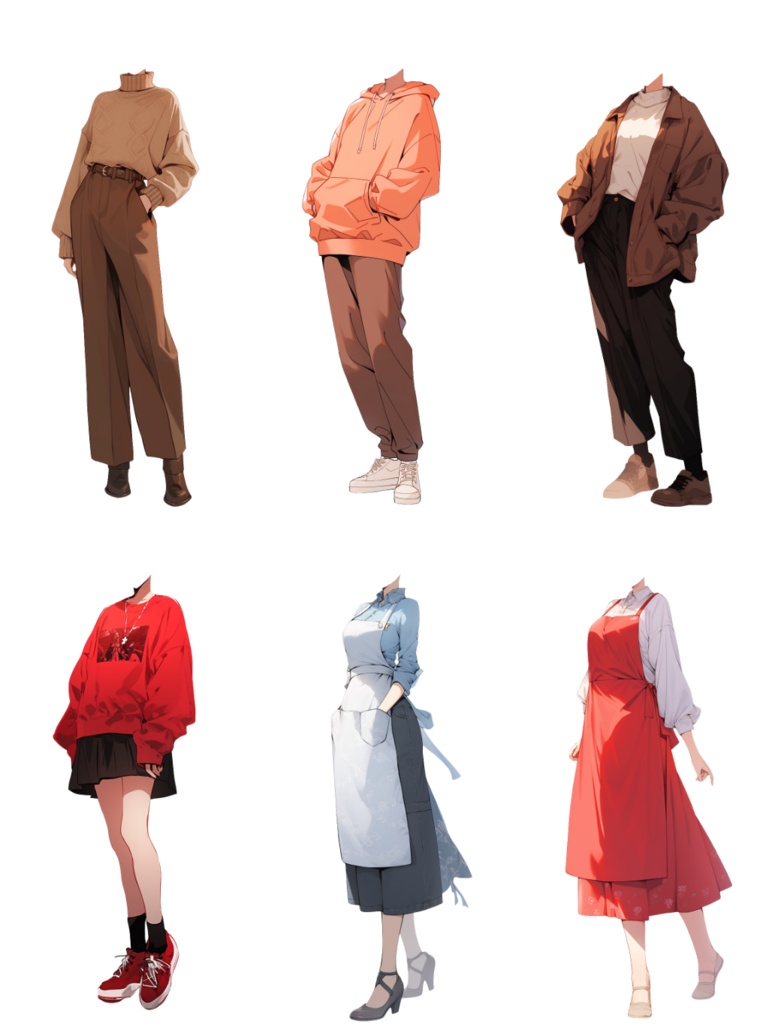 【透過素材】秋服/女性50枚(立ち絵作成用・カーディガン、パーカー、ジャケット、ドレスシャツ、セーター、デニム、スカート、エプロン)