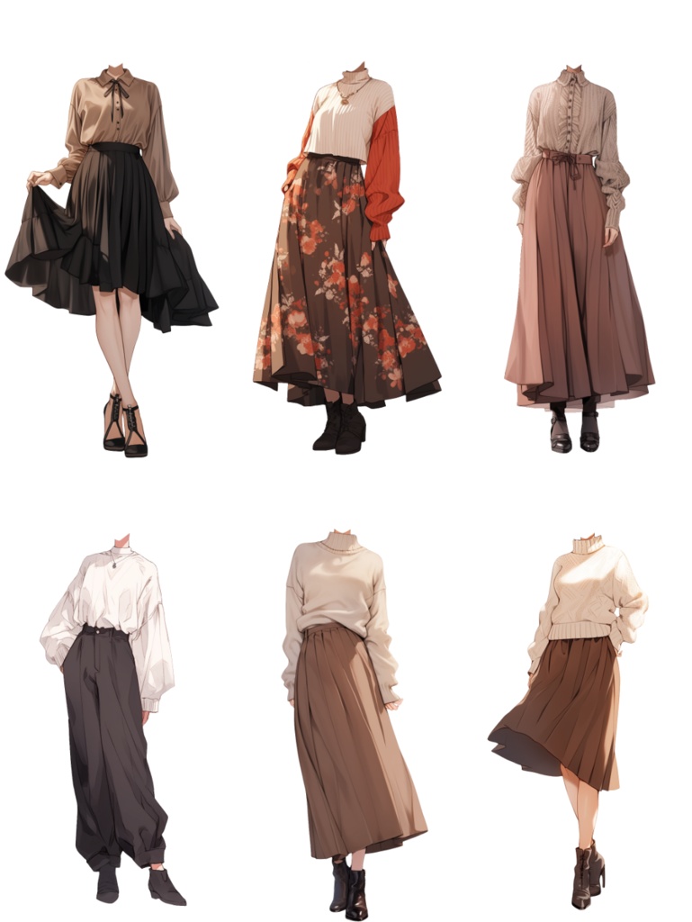 【透過素材】秋服/女性50枚(立ち絵作成用・カーディガン、パーカー、ジャケット、ドレスシャツ、セーター、デニム、スカート、エプロン)