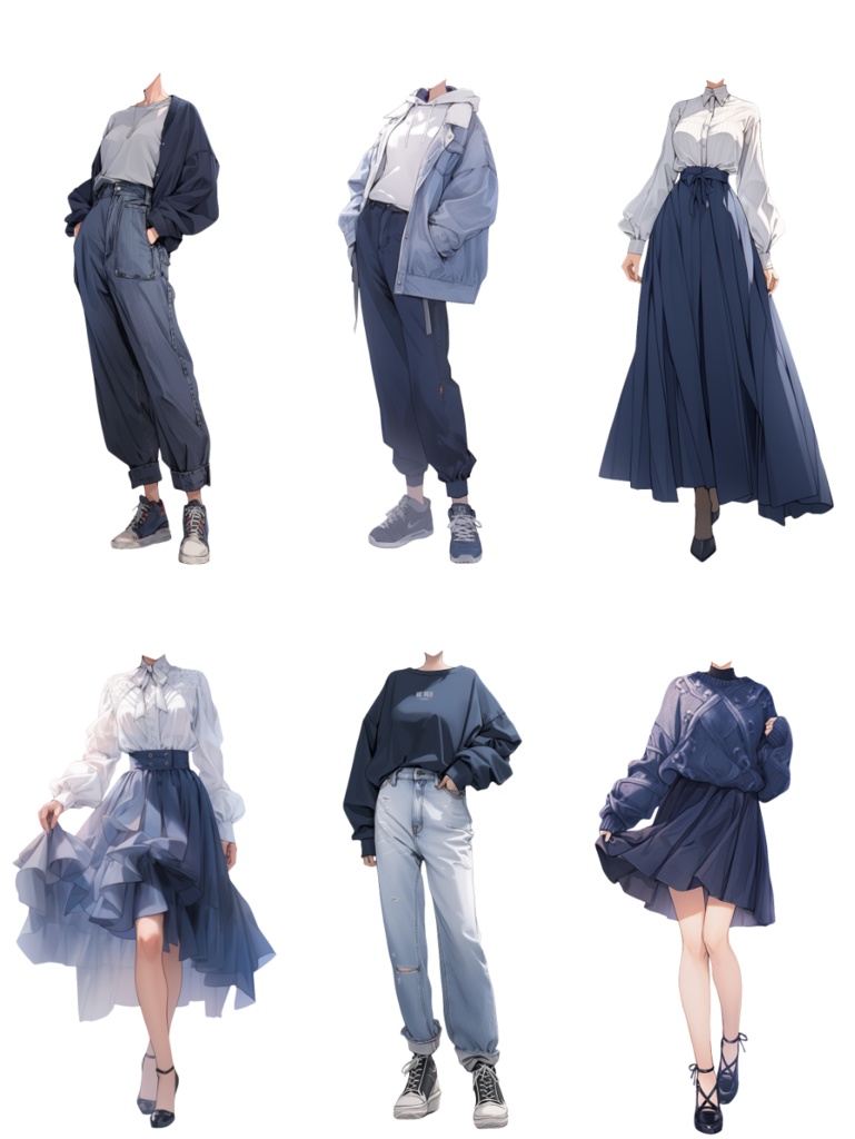 【透過素材】秋服/女性50枚(立ち絵作成用・カーディガン、パーカー、ジャケット、ドレスシャツ、セーター、デニム、スカート、エプロン)