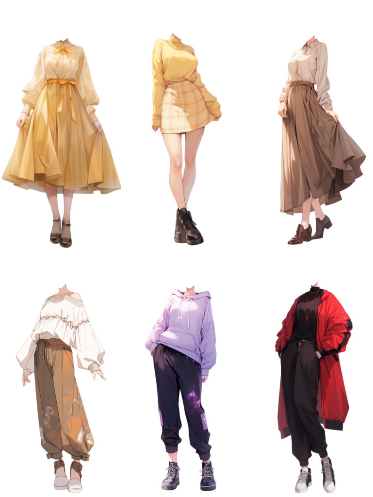 【透過素材】秋服/女性50枚(立ち絵作成用・カーディガン、パーカー、ジャケット、ドレスシャツ、セーター、デニム、スカート、エプロン)