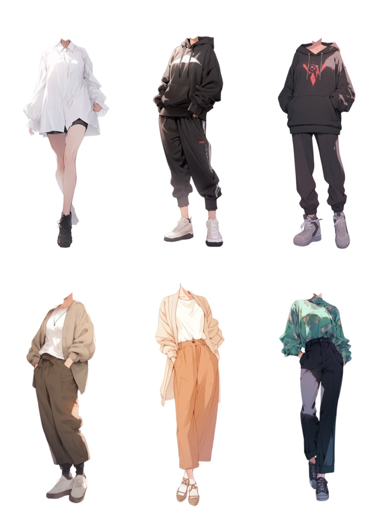 【透過素材】秋服/女性50枚(立ち絵作成用・カーディガン、パーカー、ジャケット、ドレスシャツ、セーター、デニム、スカート、エプロン)