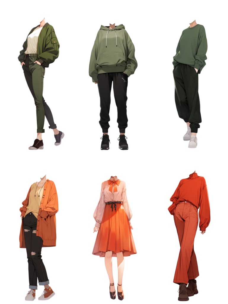 【透過素材】秋服/女性50枚(立ち絵作成用・カーディガン、パーカー、ジャケット、ドレスシャツ、セーター、デニム、スカート、エプロン)