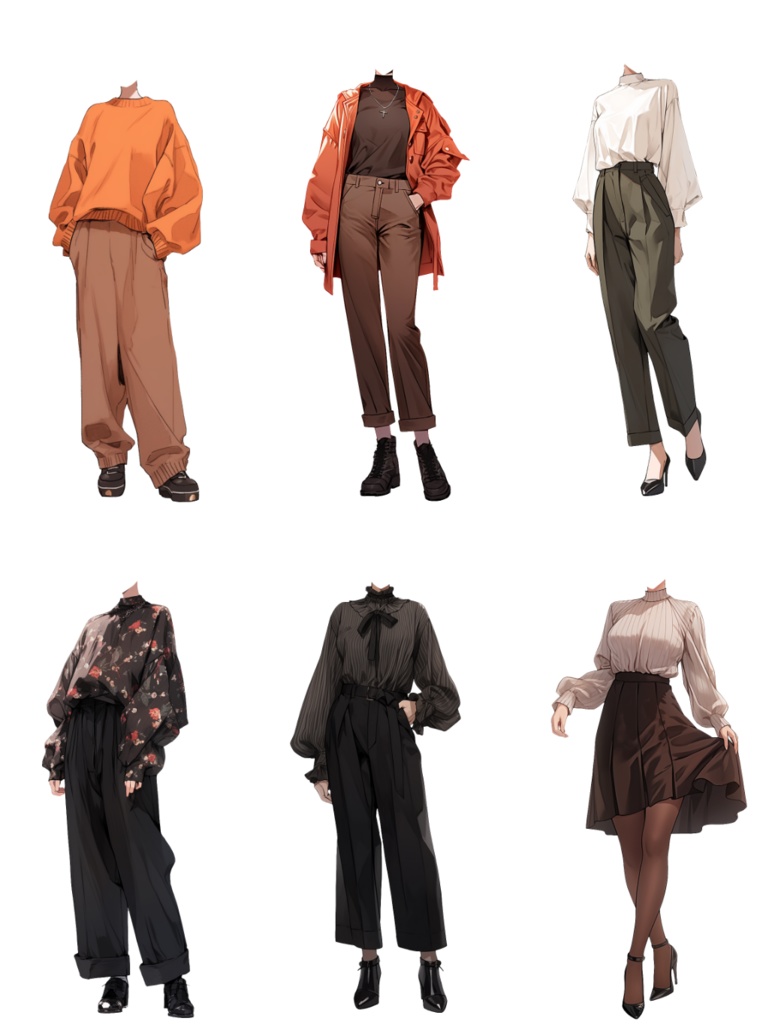 【透過素材】秋服/女性50枚(立ち絵作成用・カーディガン、パーカー、ジャケット、ドレスシャツ、セーター、デニム、スカート、エプロン)