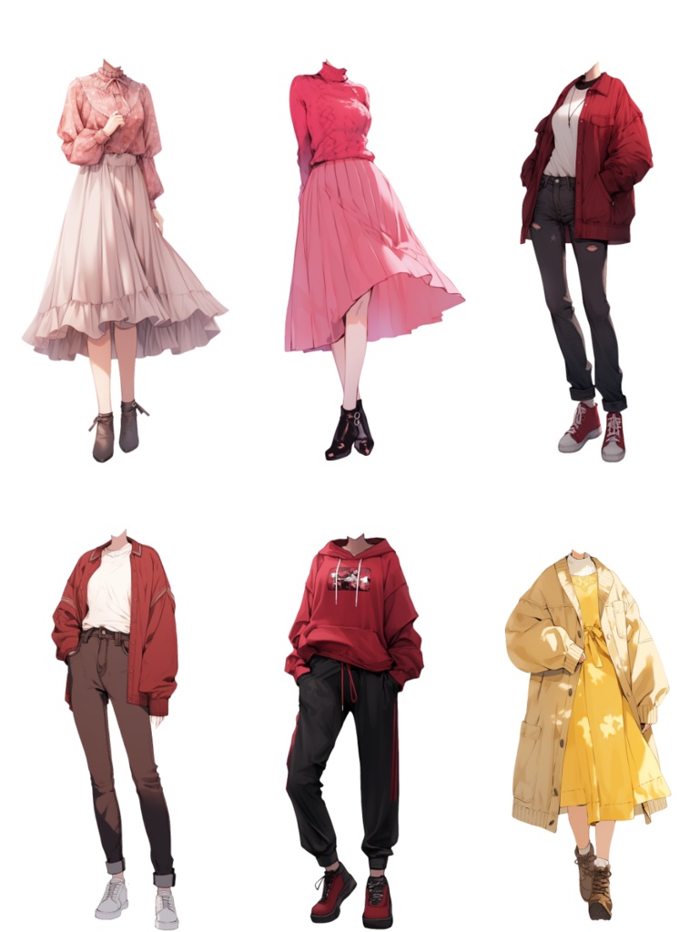 【透過素材】秋服/女性50枚(立ち絵作成用・カーディガン、パーカー、ジャケット、ドレスシャツ、セーター、デニム、スカート、エプロン)