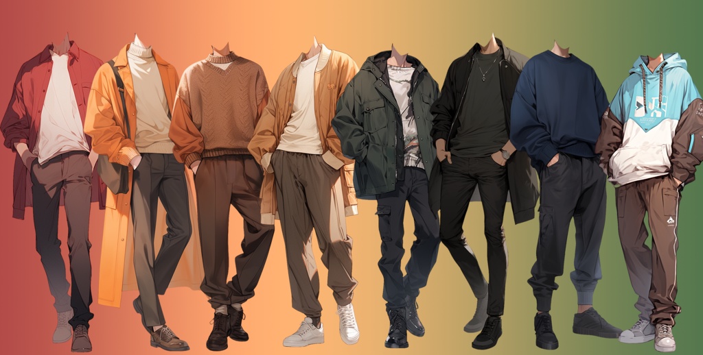 【透過素材】秋服/男性50枚(立ち絵作成用・ジャケット、セーター、デニム、パーカー、スウェットシャツ、トレーナー)