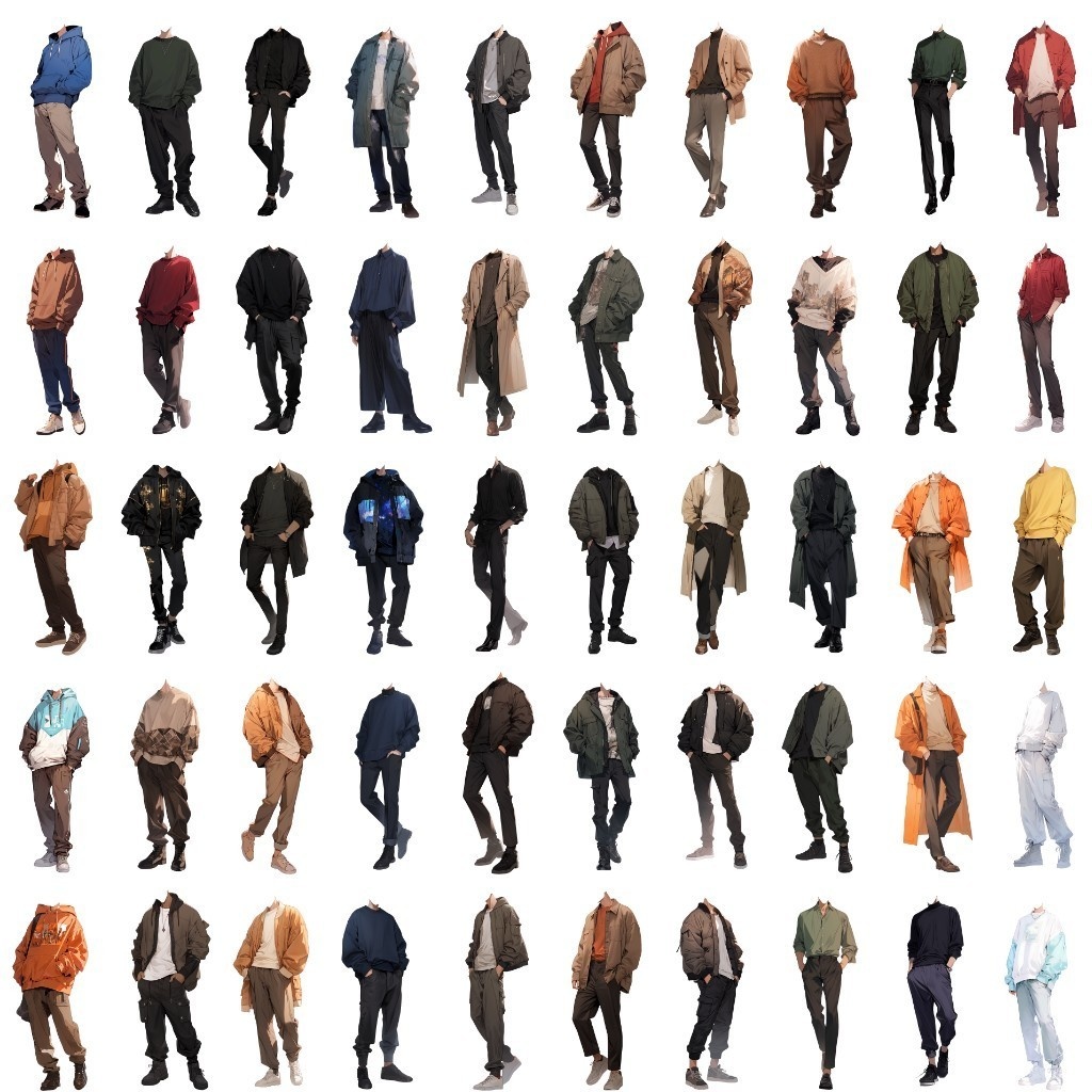 【透過素材】秋服/男性50枚(立ち絵作成用・ジャケット、セーター、デニム、パーカー、スウェットシャツ、トレーナー)