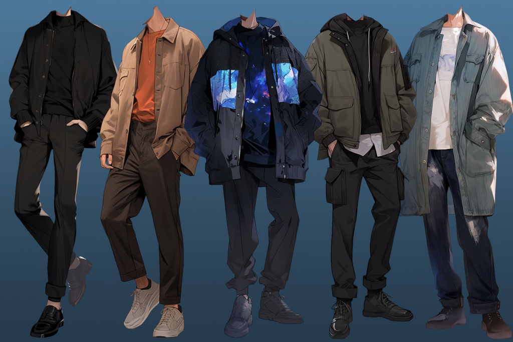 【透過素材】秋服/男性50枚(立ち絵作成用・ジャケット、セーター、デニム、パーカー、スウェットシャツ、トレーナー)