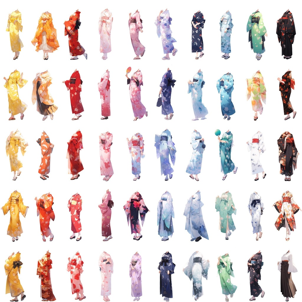 【透過素材】和服/女性50枚(立ち絵作成用・着物、浴衣、袴、日本伝統衣装)