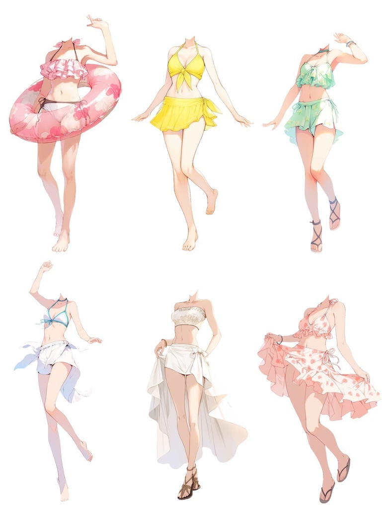 【透過素材】水着/女性50枚(立ち絵作成用・夏用衣装、水泳着、フリル、スカート)