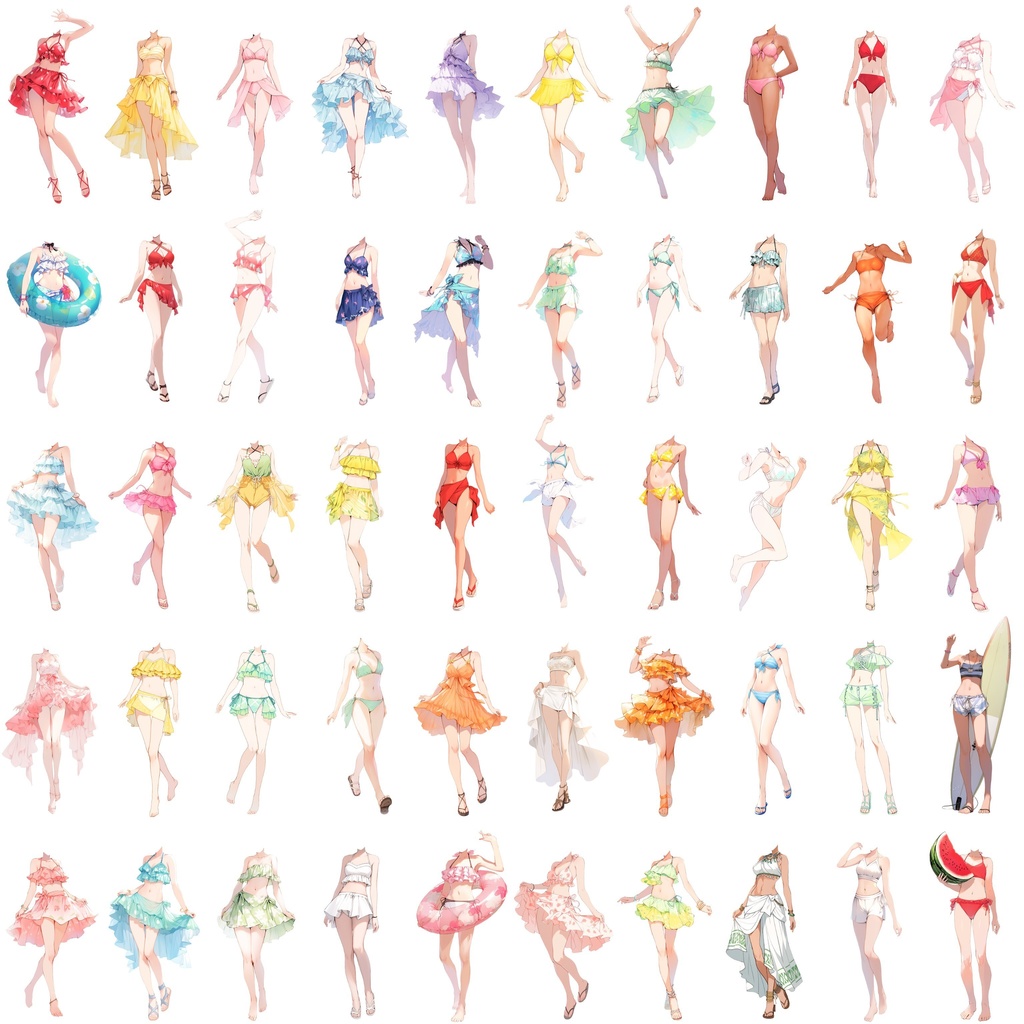 【透過素材】水着/女性50枚(立ち絵作成用・夏用衣装、水泳着、フリル、スカート)