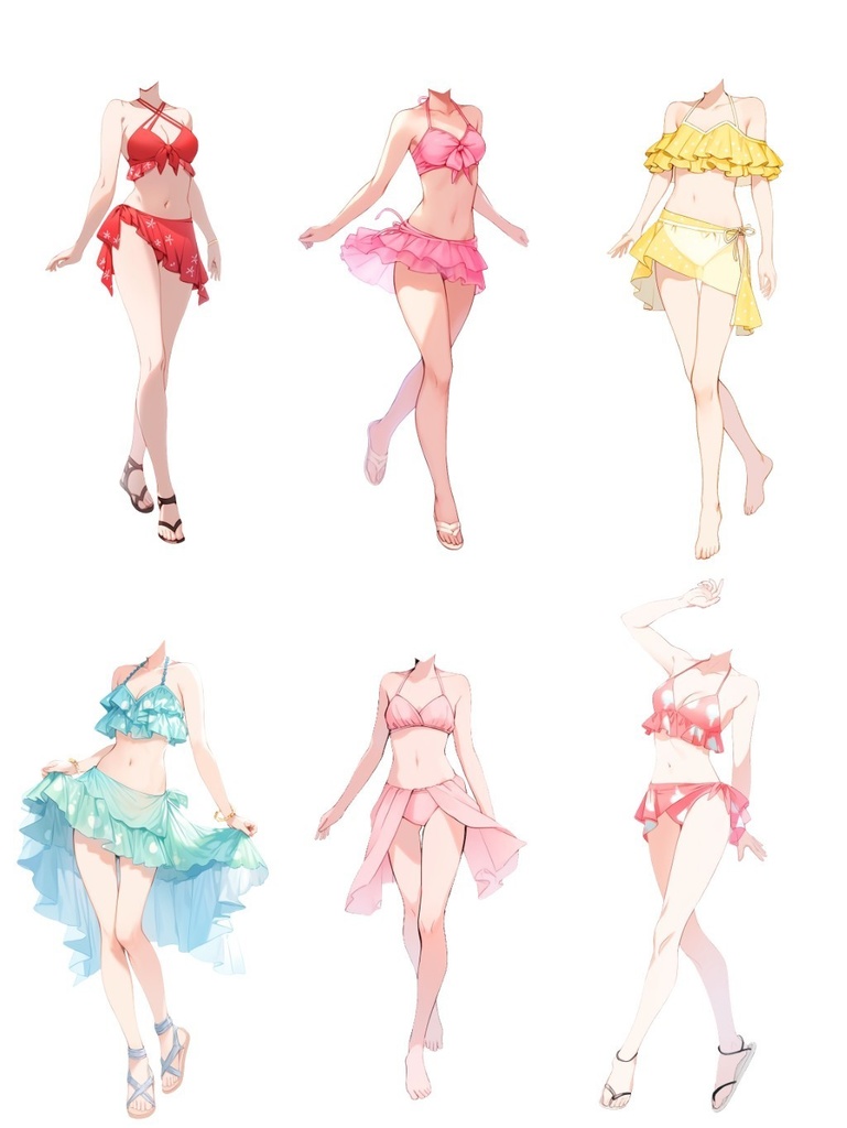 【透過素材】水着/女性50枚(立ち絵作成用・夏用衣装、水泳着、フリル、スカート)