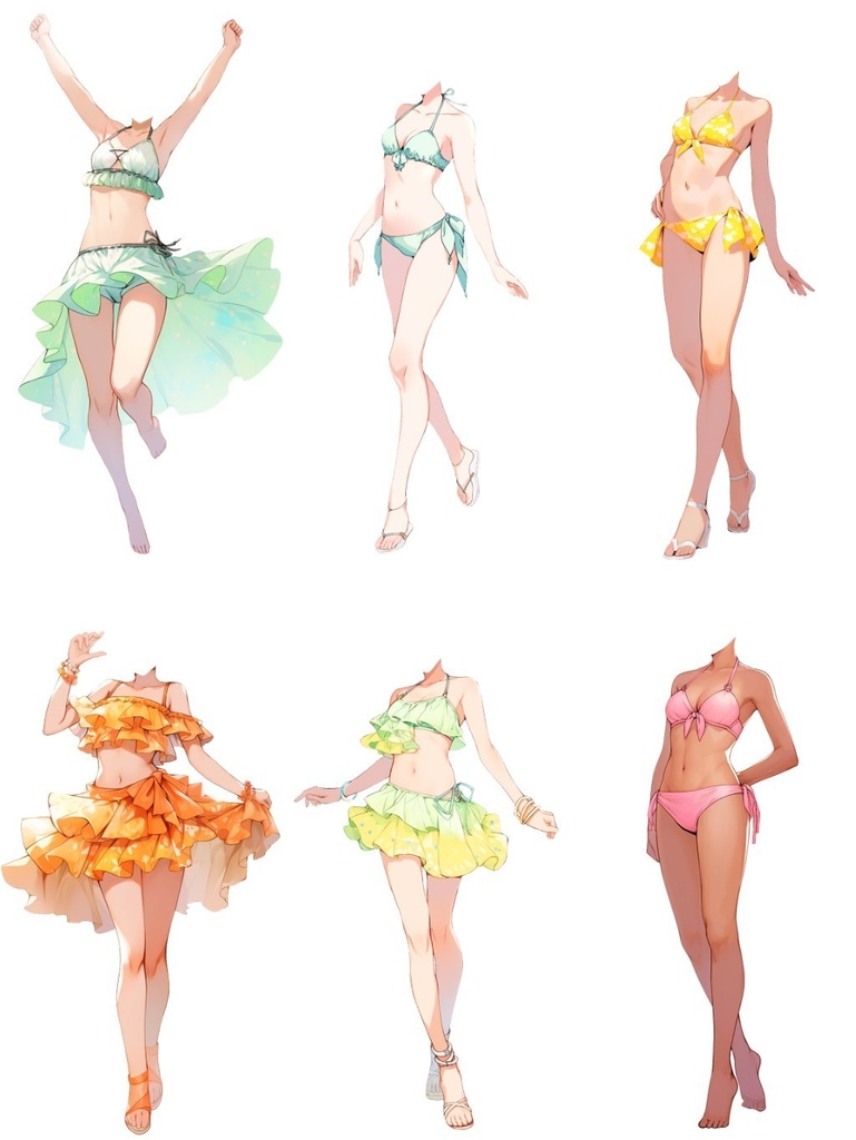 【透過素材】水着/女性50枚(立ち絵作成用・夏用衣装、水泳着、フリル、スカート)