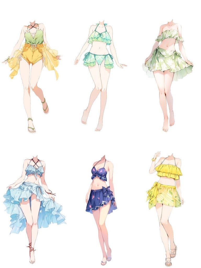 【透過素材】水着/女性50枚(立ち絵作成用・夏用衣装、水泳着、フリル、スカート)