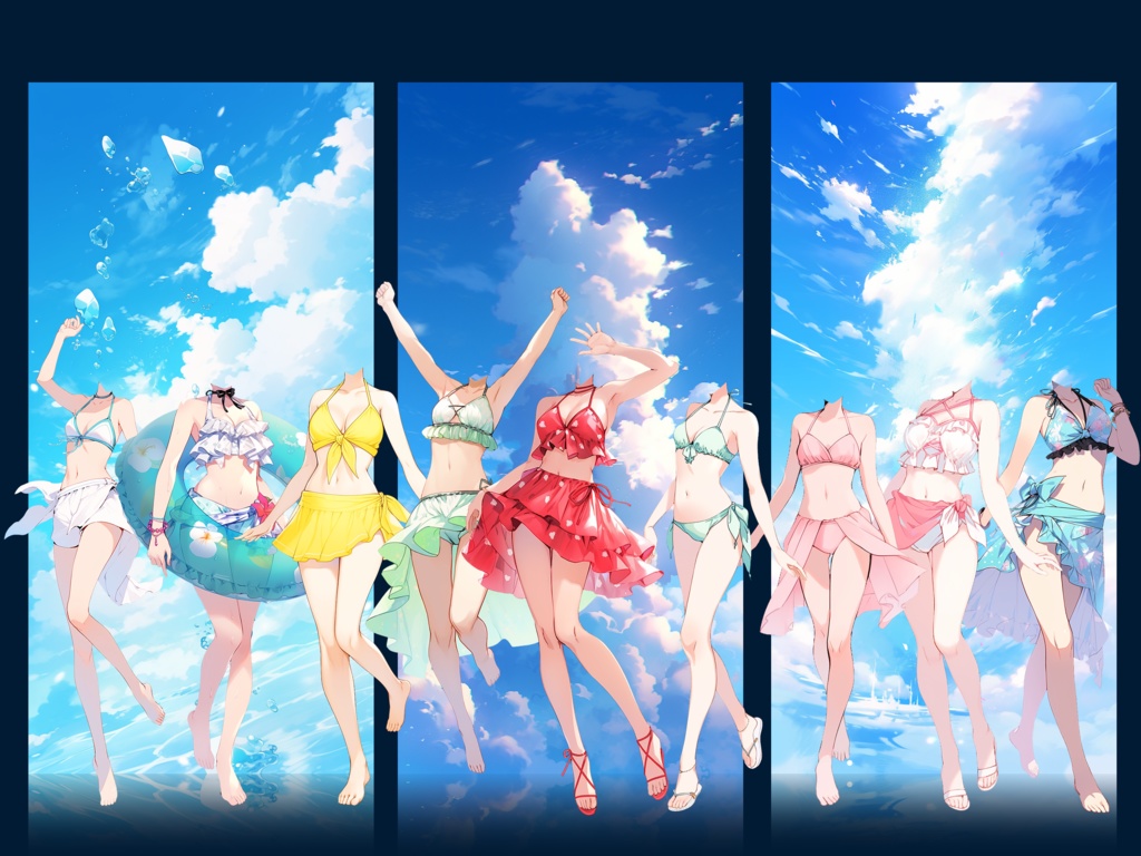 【透過素材】水着/女性50枚(立ち絵作成用・夏用衣装、水泳着、フリル、スカート)