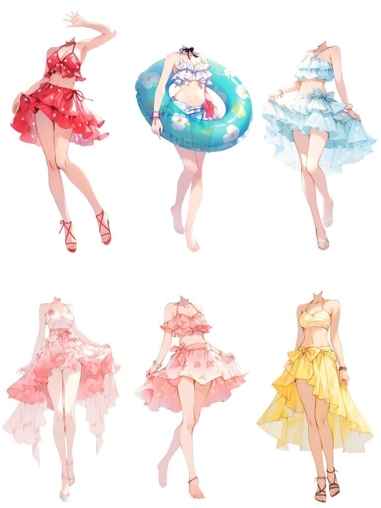 【透過素材】水着/女性50枚(立ち絵作成用・夏用衣装、水泳着、フリル、スカート)