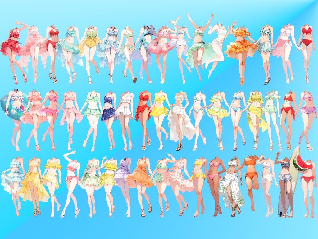 【透過素材】水着/女性50枚(立ち絵作成用・夏用衣装、水泳着、フリル、スカート)