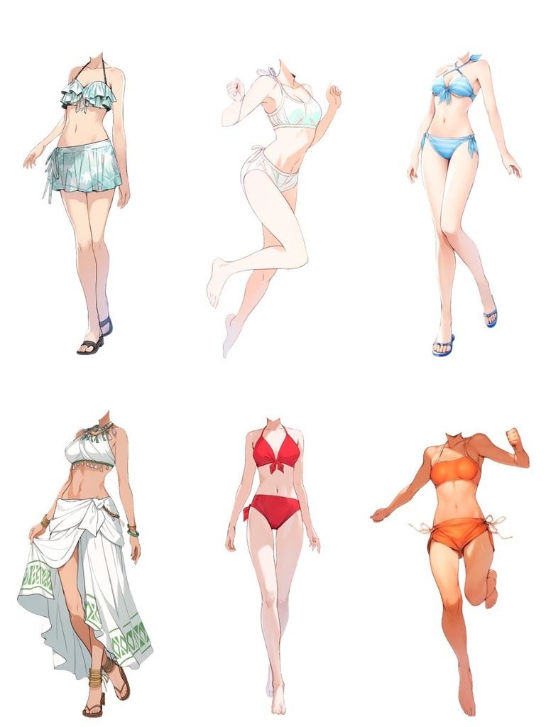 【透過素材】水着/女性50枚(立ち絵作成用・夏用衣装、水泳着、フリル、スカート)