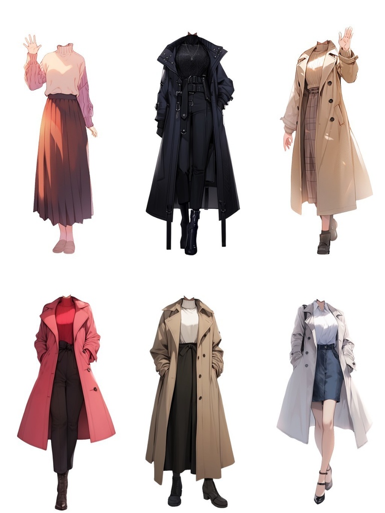 【透過素材】冬服/女性50枚(立ち絵作成用・トレンチコート、ピーコート、ニットセーター、ダウンジャケット)