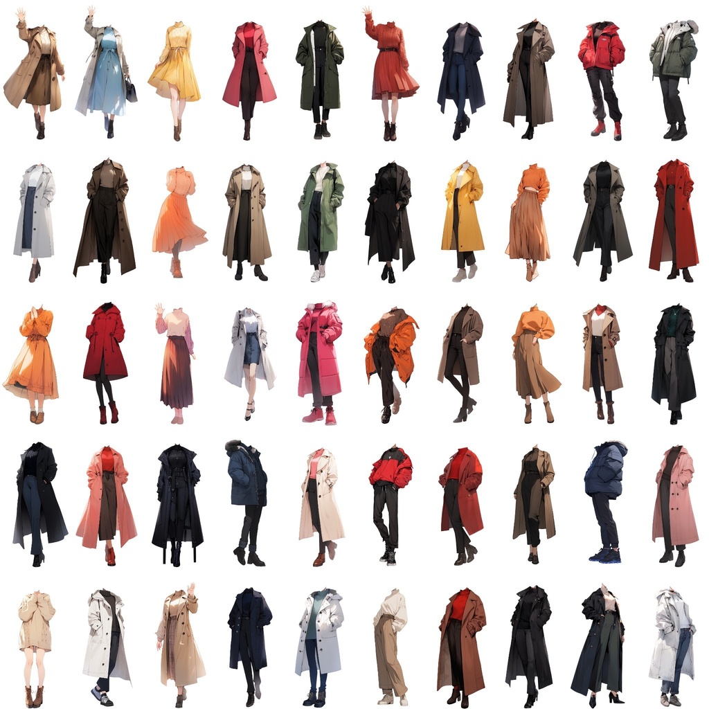 【透過素材】冬服/女性50枚(立ち絵作成用・トレンチコート、ピーコート、ニットセーター、ダウンジャケット)