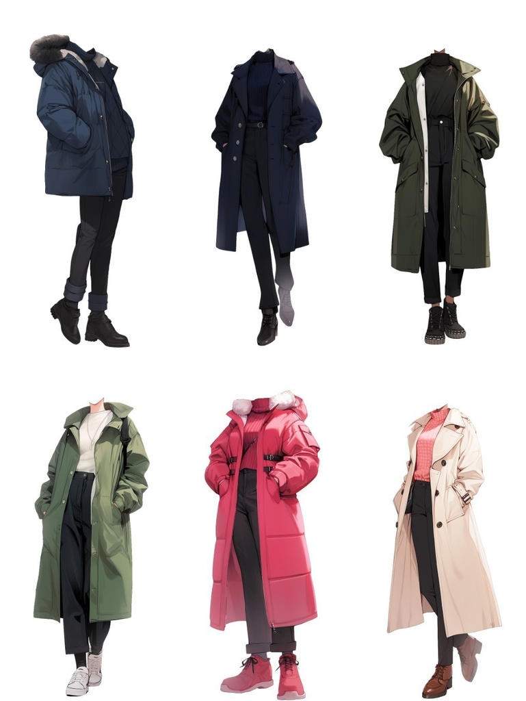 【透過素材】冬服/女性50枚(立ち絵作成用・トレンチコート、ピーコート、ニットセーター、ダウンジャケット)