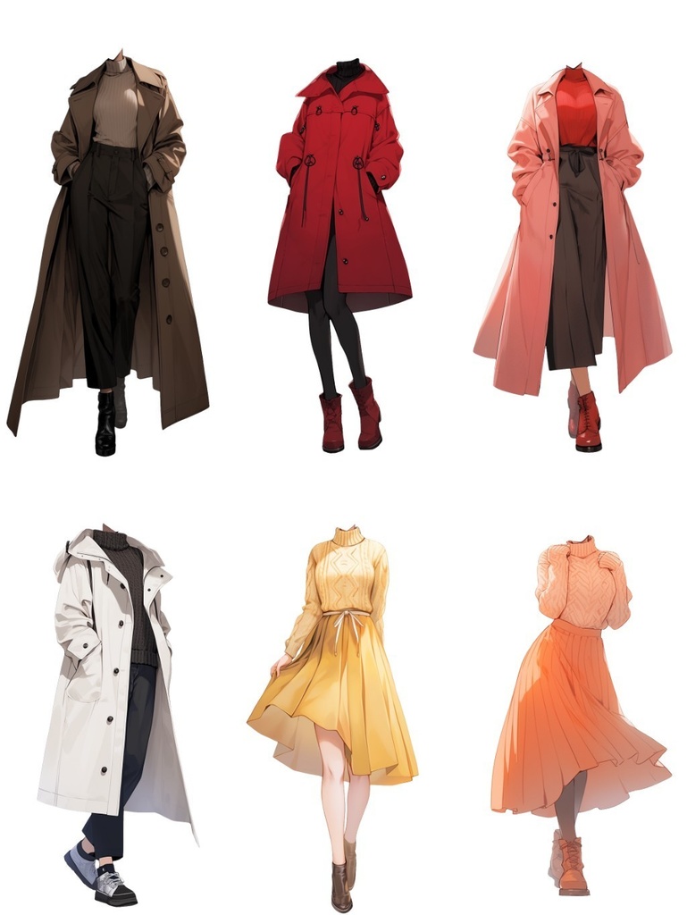【透過素材】冬服/女性50枚(立ち絵作成用・トレンチコート、ピーコート、ニットセーター、ダウンジャケット)