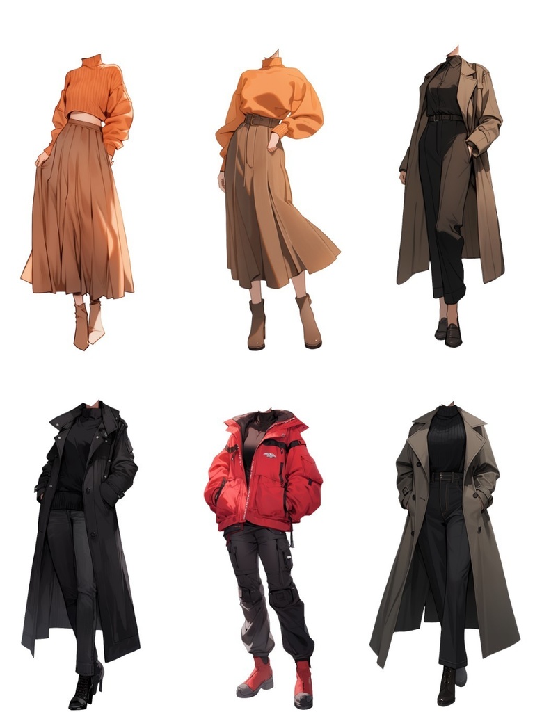 【透過素材】冬服/女性50枚(立ち絵作成用・トレンチコート、ピーコート、ニットセーター、ダウンジャケット)