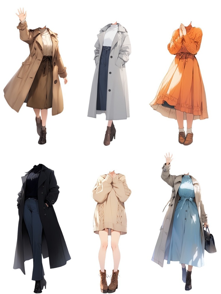 【透過素材】冬服/女性50枚(立ち絵作成用・トレンチコート、ピーコート、ニットセーター、ダウンジャケット)